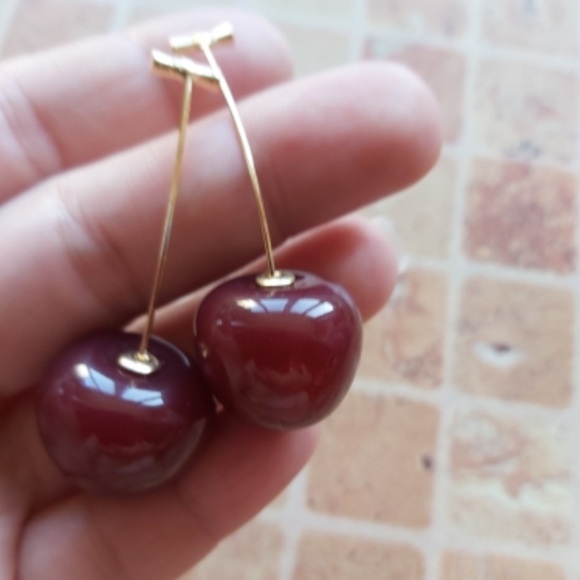 Cherie cherry dangle earrings dark red and gold cute clever modern design - Picture 2 of 4